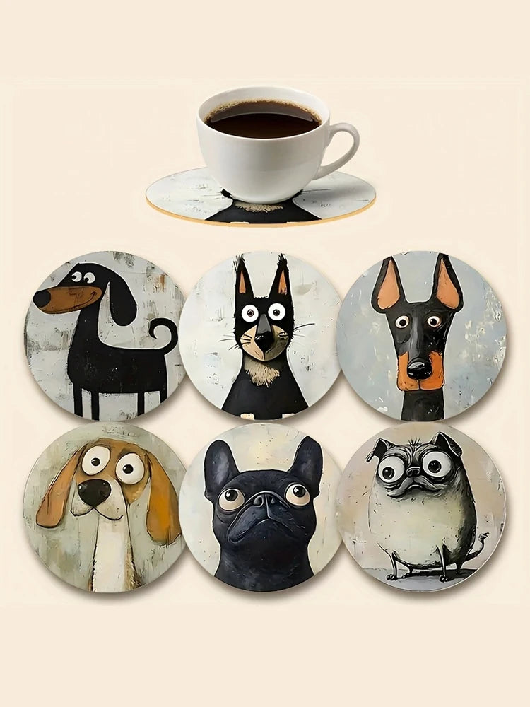2D Flat, 6pcs Colorful Wooden Dog Coasters Set Suitable for Drinks, Tea, Coffee, Home,Perfect Gift Choice for Any Holiday Gifts