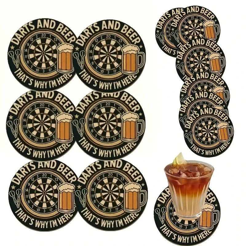 2D Retro Charm Dart Beer Themed Wooden Coasters Heat Resistant Non Slip High Quality Beverage Pads for Bar Tabletop Decoration