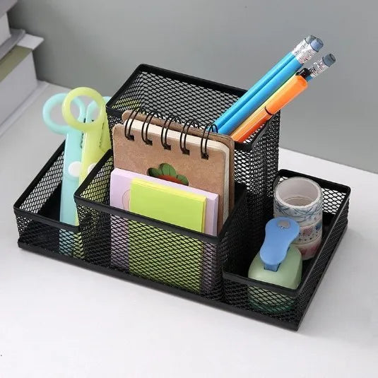 Mesh Desk Organizer Office Supplies Caddy with Pencil Holder and Storage Baskets for Desktop Accessories, 3 Compartments, Black