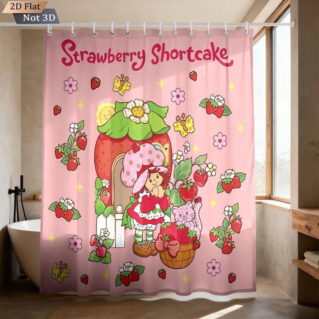 1pc Pink Cake Girl Printed Waterproof Shower Privacy Partition Shower Curtain With 12 Hooks Multiple Sizes Machine Washable