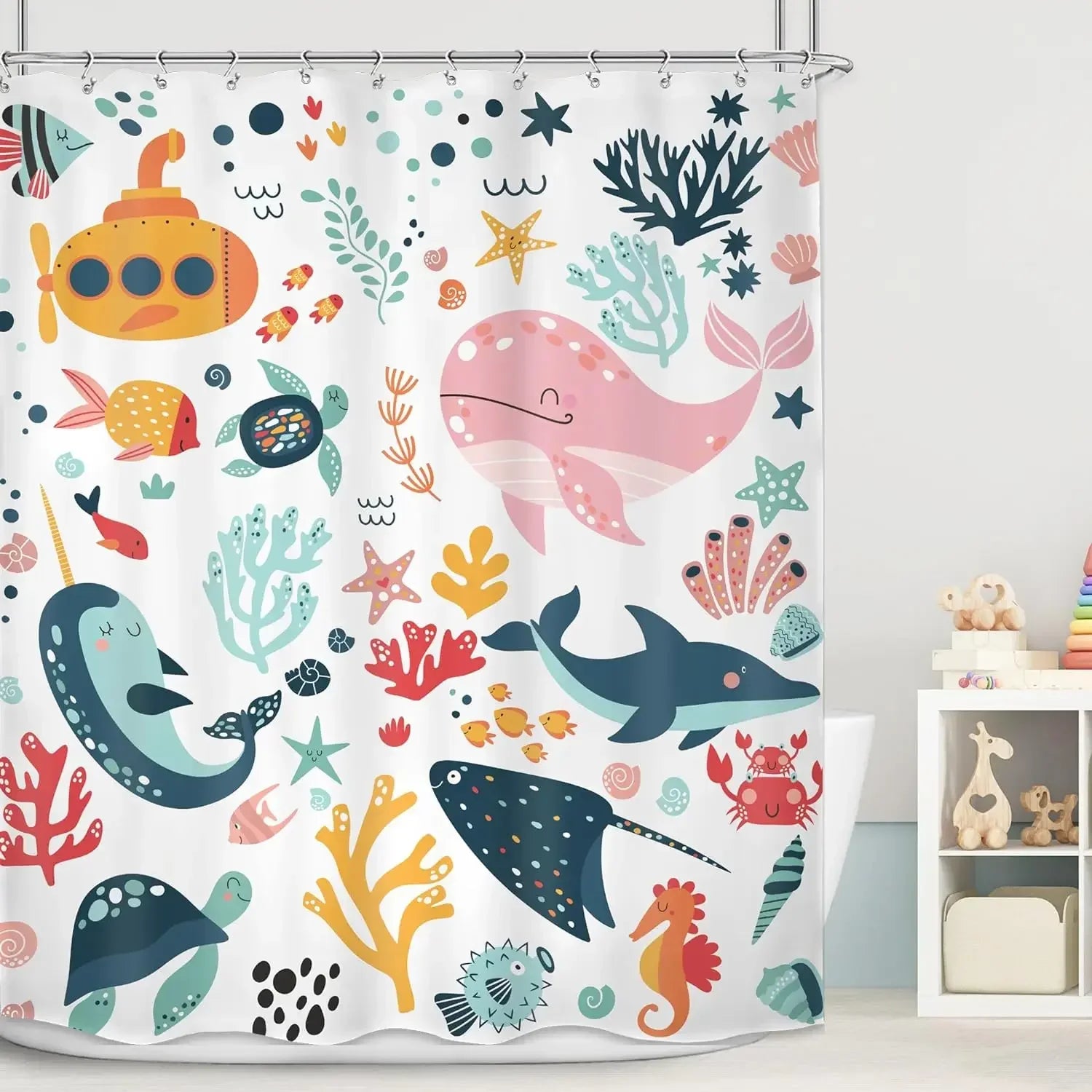 Ocean Cartoon Animal Shower Curtain Pirate Hat Dolphin Sailing Starfish Nautical Polyester Kids Shower Curtains Bathroom Decor