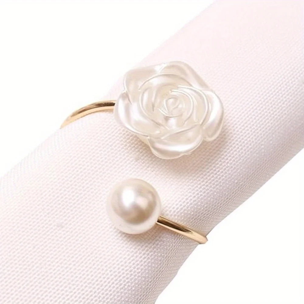 Rose Napkin Rings White Pearl Flower Napkin Holder Set Wedding Banquet Valentines Day Party Restaurant Kitchen Table Setting