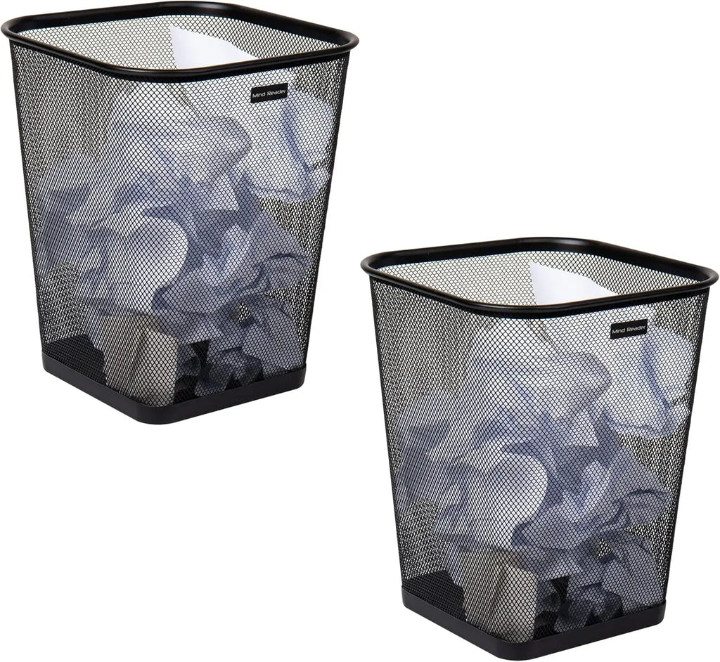 Metal Mesh Trash Can Set of 2, Square Office Waste Basket, Ventilated Design for Odor Control, Black