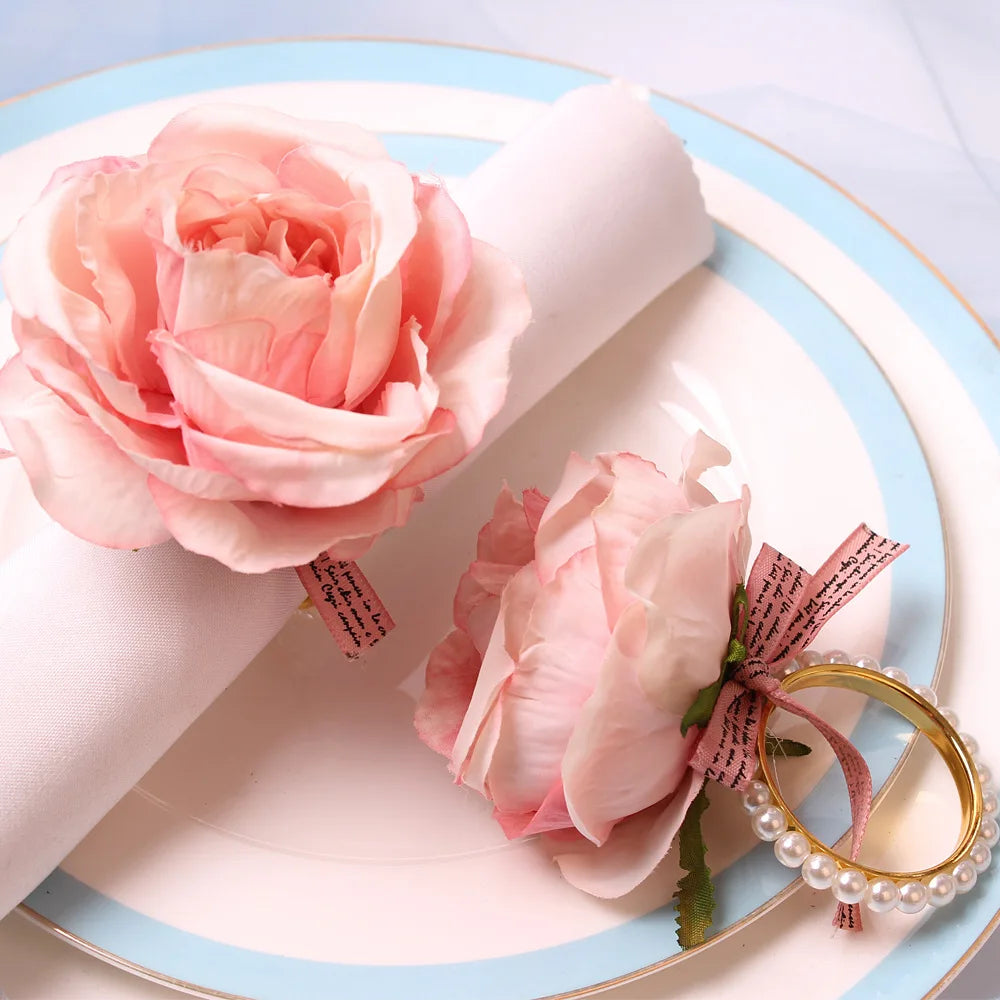 4PCS Simulation Eucalyptus Flowers Napkin Buckle, Pink Rose Napkin Rings, Festival Wedding Party Holiday Table Decoration