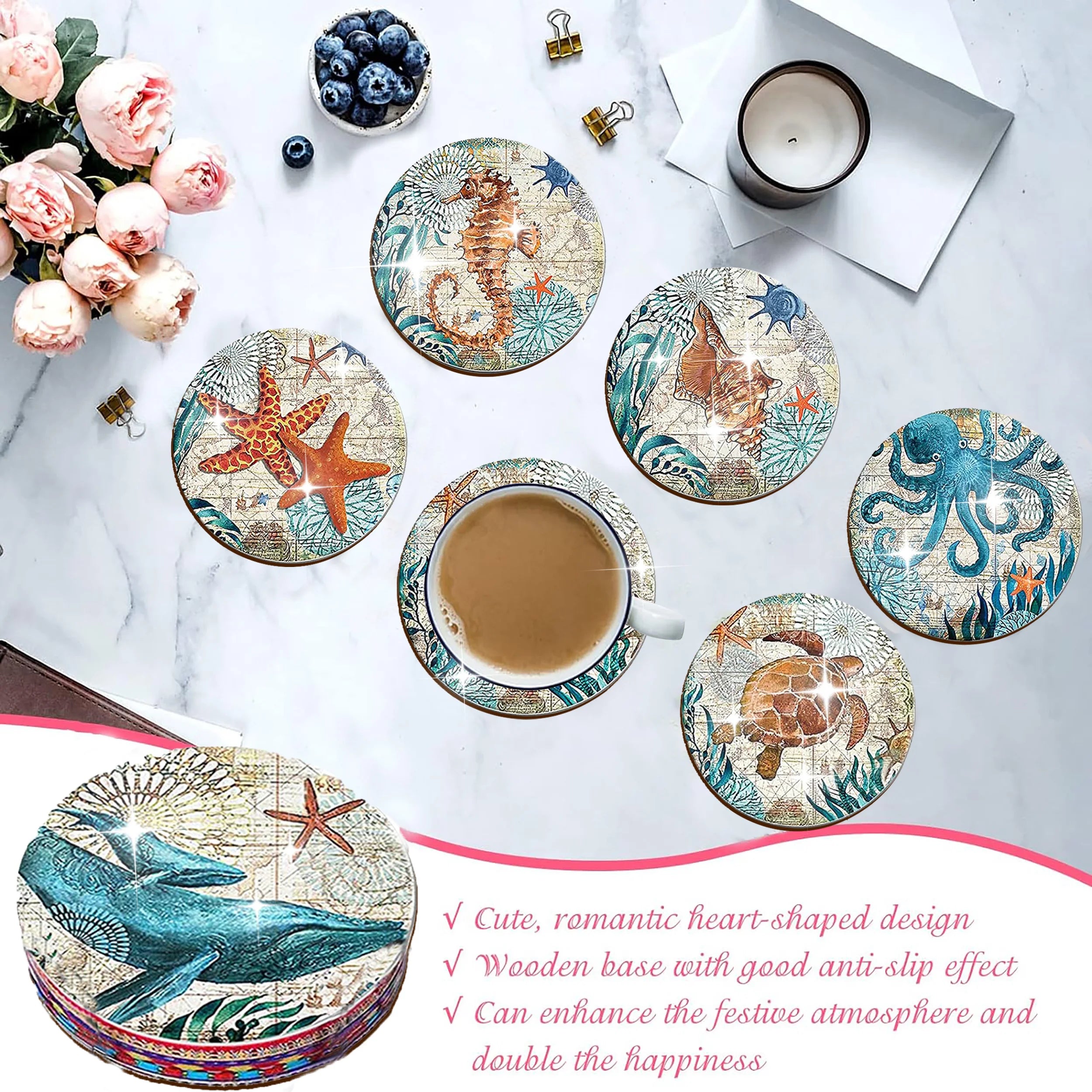 8-piece animal, Christmas Cottage print wooden coasters - perfect for drinks, tea and coffee - ideal for home and restaurant dec