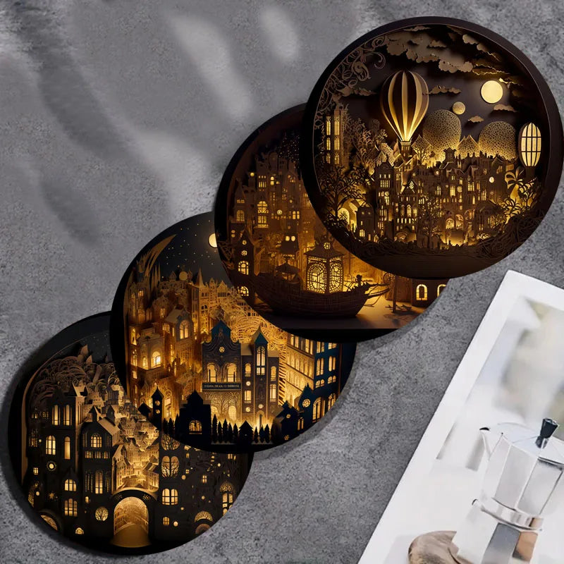 4 castle-print coasters, suitable for daily family party decoration, office, non-slip wooden coasters, holiday gifts