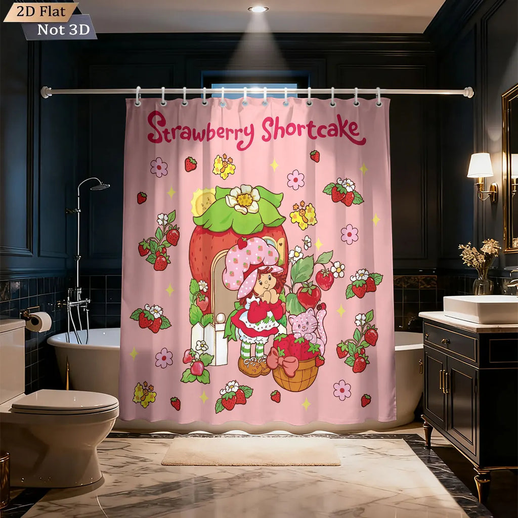 1pc Pink Cake Girl Printed Waterproof Shower Privacy Partition Shower Curtain With 12 Hooks Multiple Sizes Machine Washable