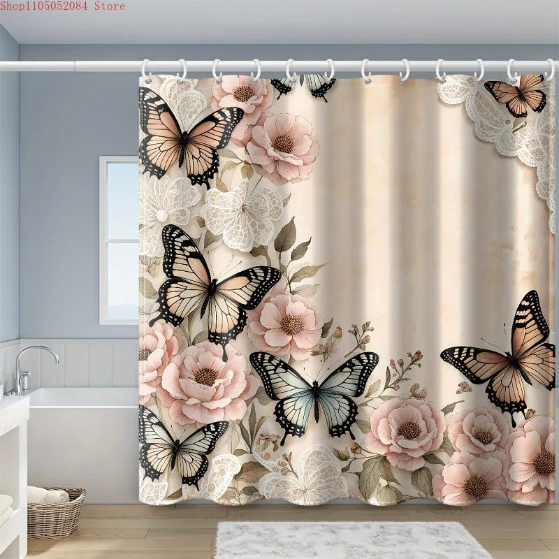 1pc printed shower curtain hook polyester -   With Hooks Waterproof Mildew Proof Easy Install Washable