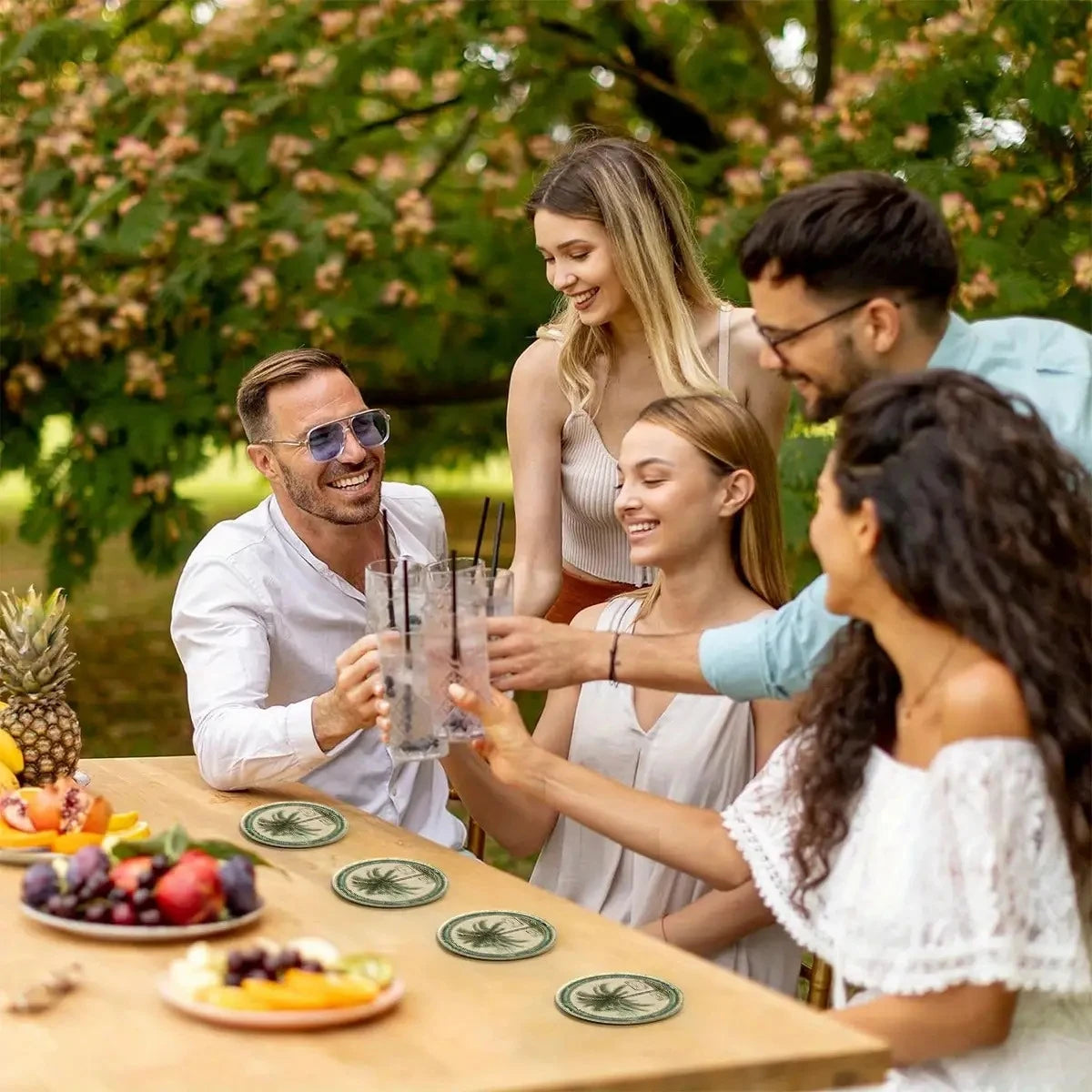 10CM 4PCS 2D Retro Natural Palm Tree Island Beach Wooden Coasters Furniture Decoration Gift Party Decoration Desktop Protection