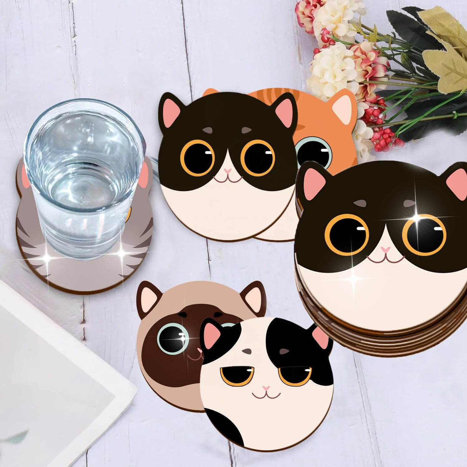 8-piece animal, Christmas Cottage print wooden coasters - perfect for drinks, tea and coffee - ideal for home and restaurant dec