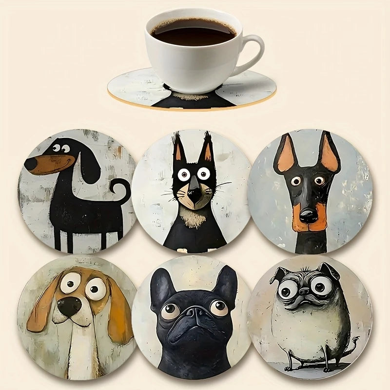 2D Flat, 6pcs Colorful Wooden Dog Coasters Set Suitable for Drinks, Tea, Coffee, Home,Perfect Gift Choice for Any Holiday Gifts
