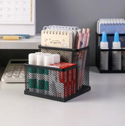Mesh Desk Organizer Office Supplies Caddy with Pencil Holder and Storage Baskets for Desktop Accessories, 3 Compartments, Black