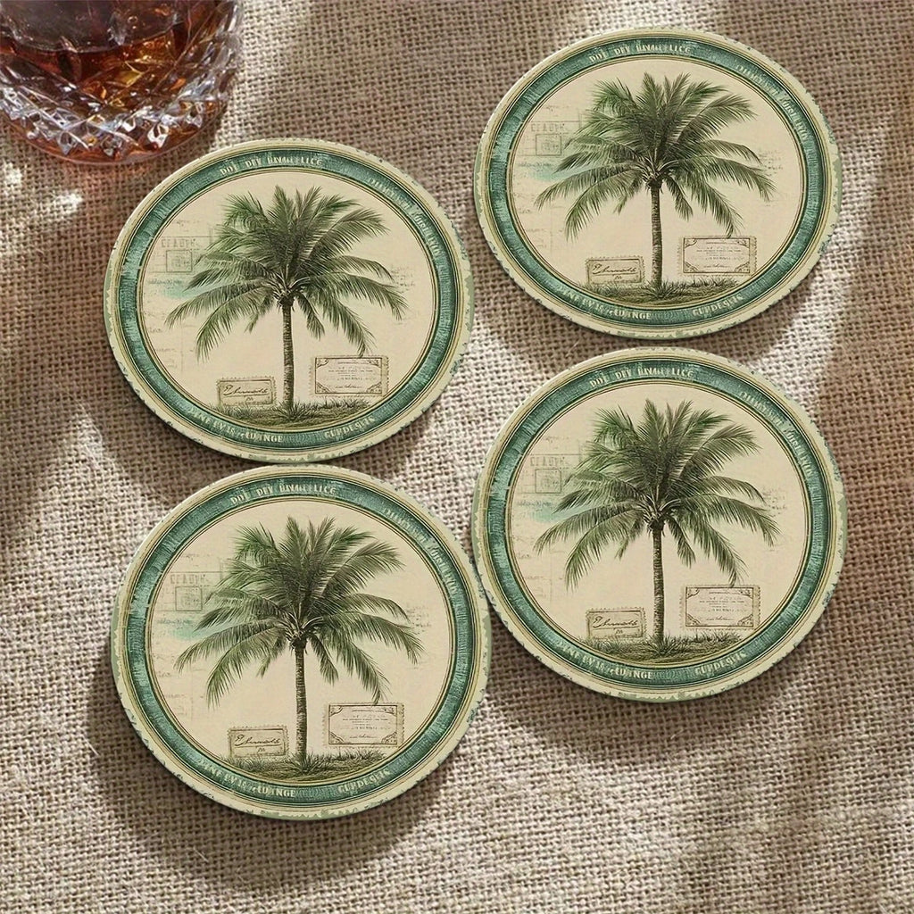 10CM 4PCS 2D Retro Natural Palm Tree Island Beach Wooden Coasters Furniture Decoration Gift Party Decoration Desktop Protection