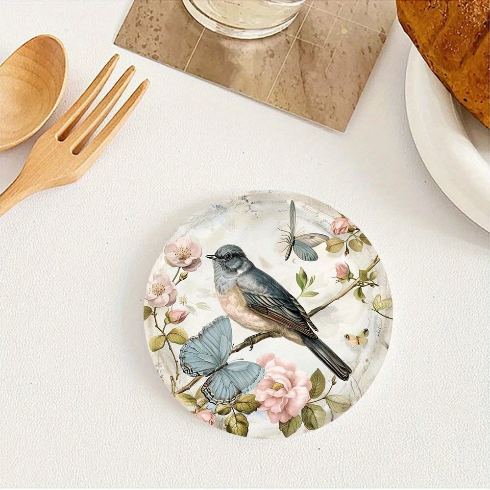 2D Flat 6pcs Watercolor Illustration Style Wooden Coasters With Bird Flower Patterns Artistic Elegant Cup Mats Home Decor Gifts