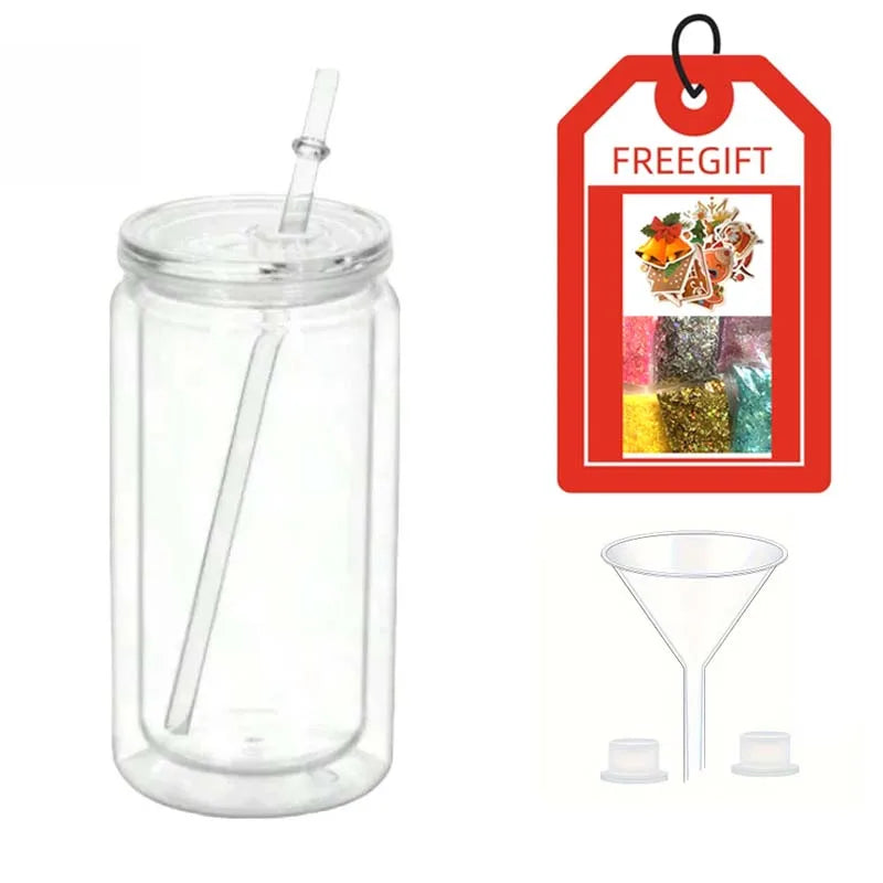 Double Wall Snowglobe Plastic Cups with Pre-Drilled Hole Christmas Straw Water Bottte Clear Tumbler Coffee Juice Drinkware Gifts