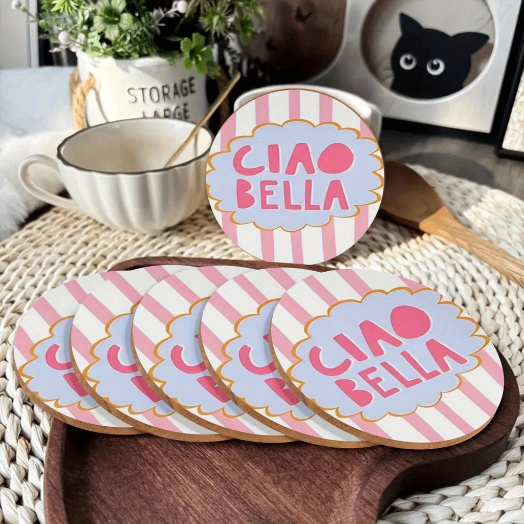 2D Ciao Bella Retro Italian Design Coaster Set - Pink & White with Blue Frame 6 round Table Protector Pads for Home Decor
