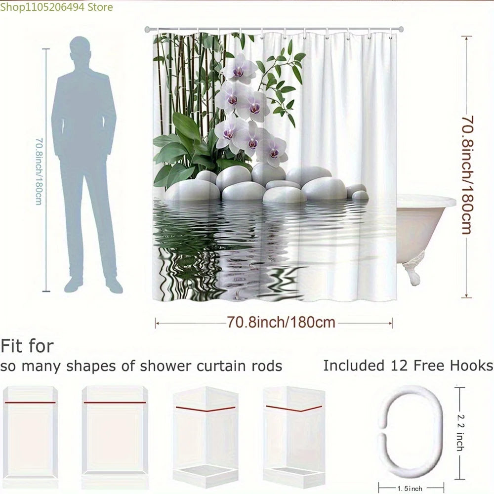 1pc White Pebble Shower Curtain with Orchid and Pattern, Digital Print Bath Curtain, No-Hole Bathroom Partition, All-Season Us