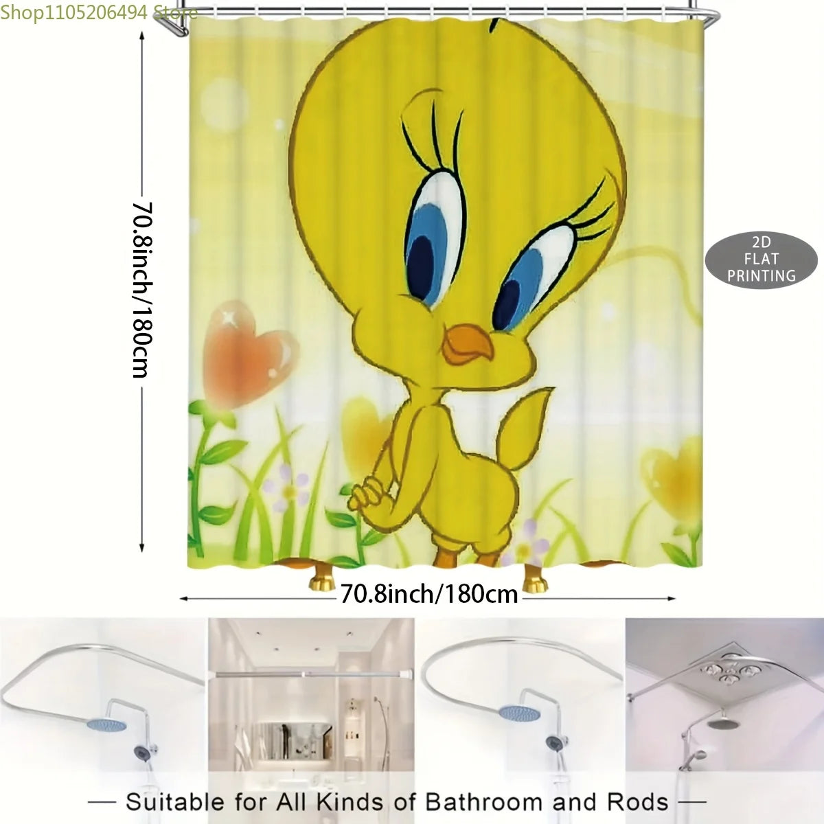2D Flat, 1pc, 2D Flat, Cute Moments of Tweety Bird_, Patterned Shower Curtain, Can Be Used As Christmas, Halloween Decorative