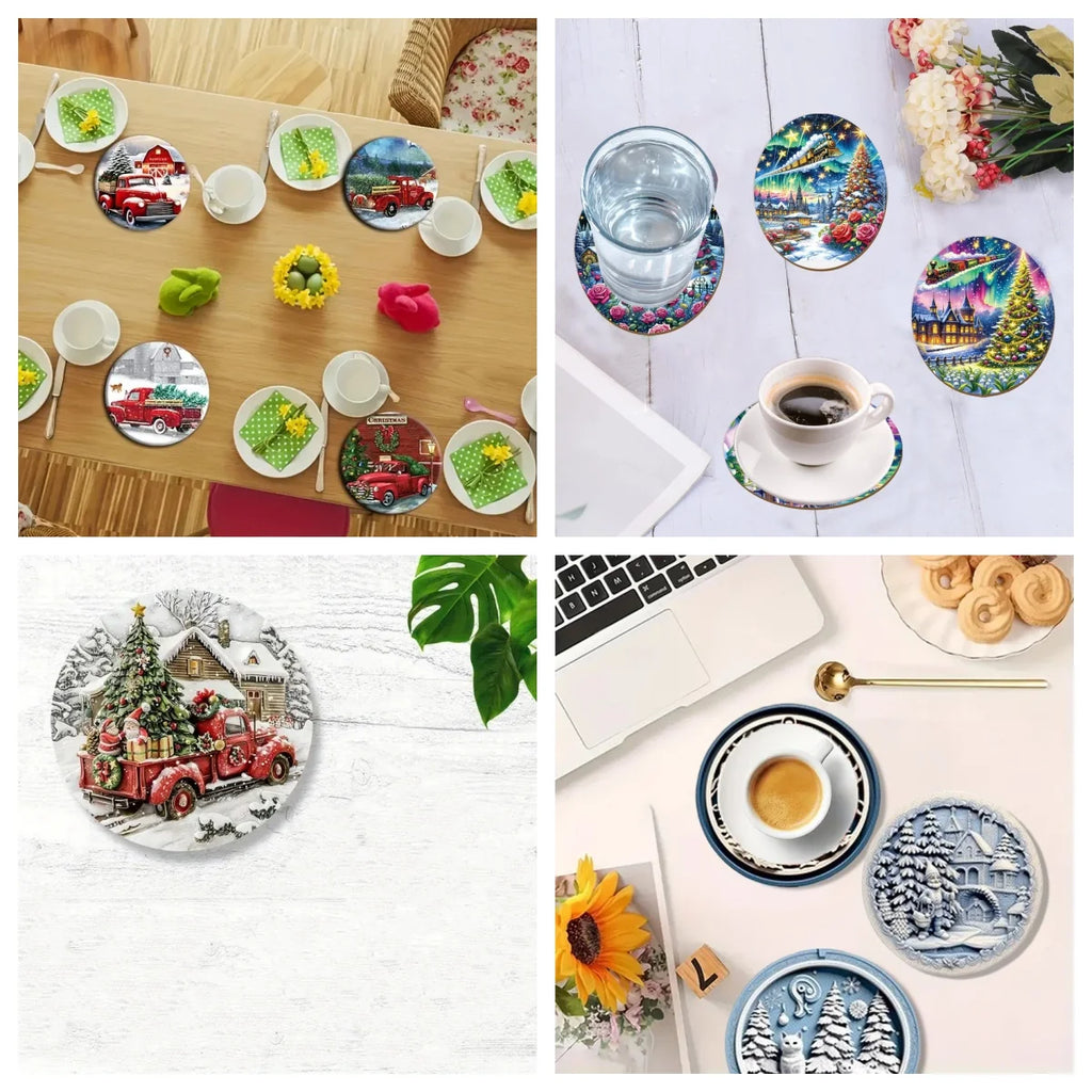 6 pieces of Christmas truck print coasters, suitable for daily family party decoration, offices, and anti-slip wooden coasters