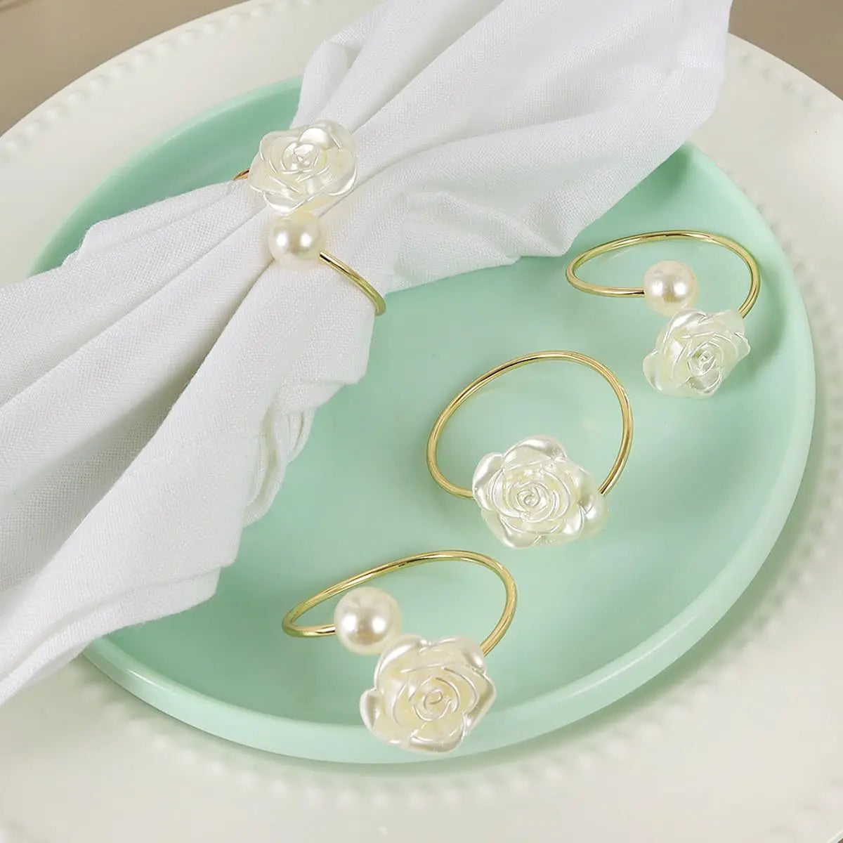Rose Napkin Rings White Pearl Flower Napkin Holder Set Wedding Banquet Valentines Day Party Restaurant Kitchen Table Setting