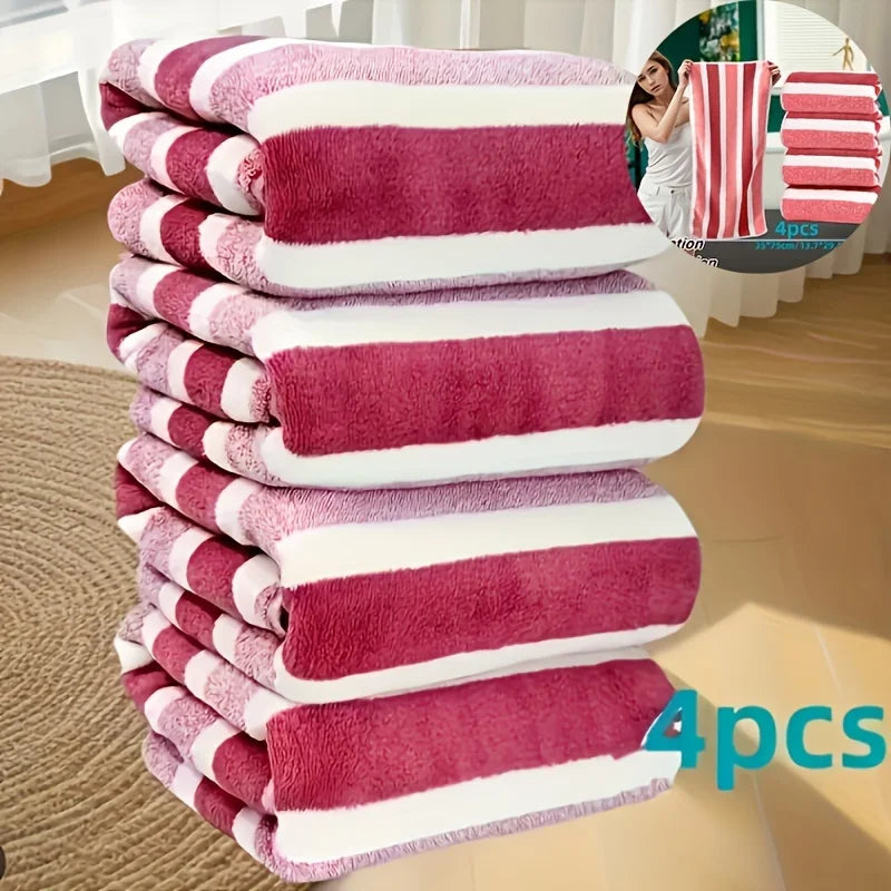 4pcs Thickened Coral Fleece Bath Towel - Soft Absorbent Wide Stripe, Colors Unisex Home Use