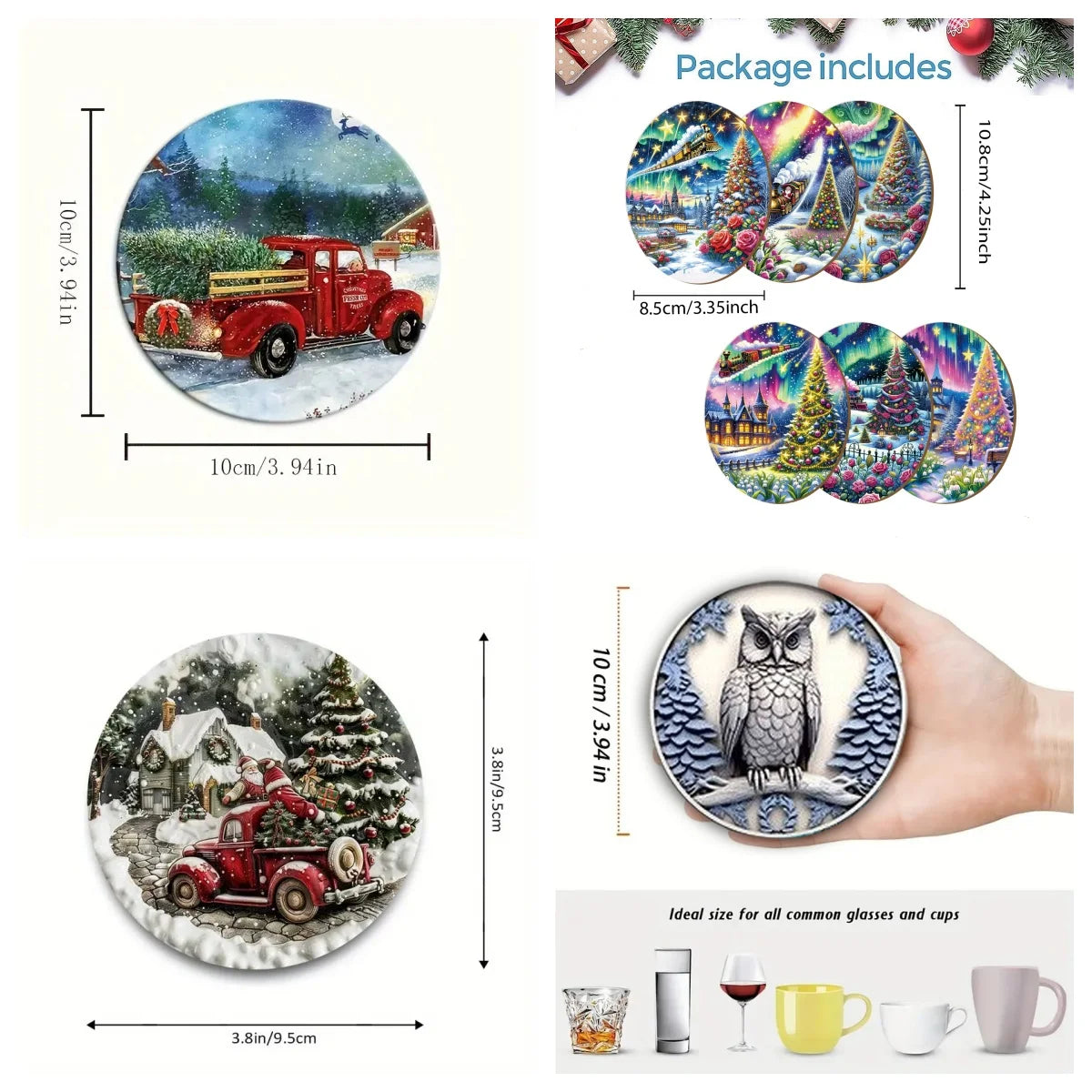 6 pieces of Christmas truck print coasters, suitable for daily family party decoration, offices, and anti-slip wooden coasters