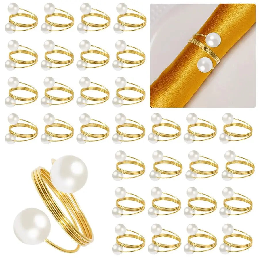 100Pcs Gold Napkin Rings Pearl Napkin Holder Round Metal Spring Dinner Table Ring Napkin Holder Buckles for Wedding Birthday Tab