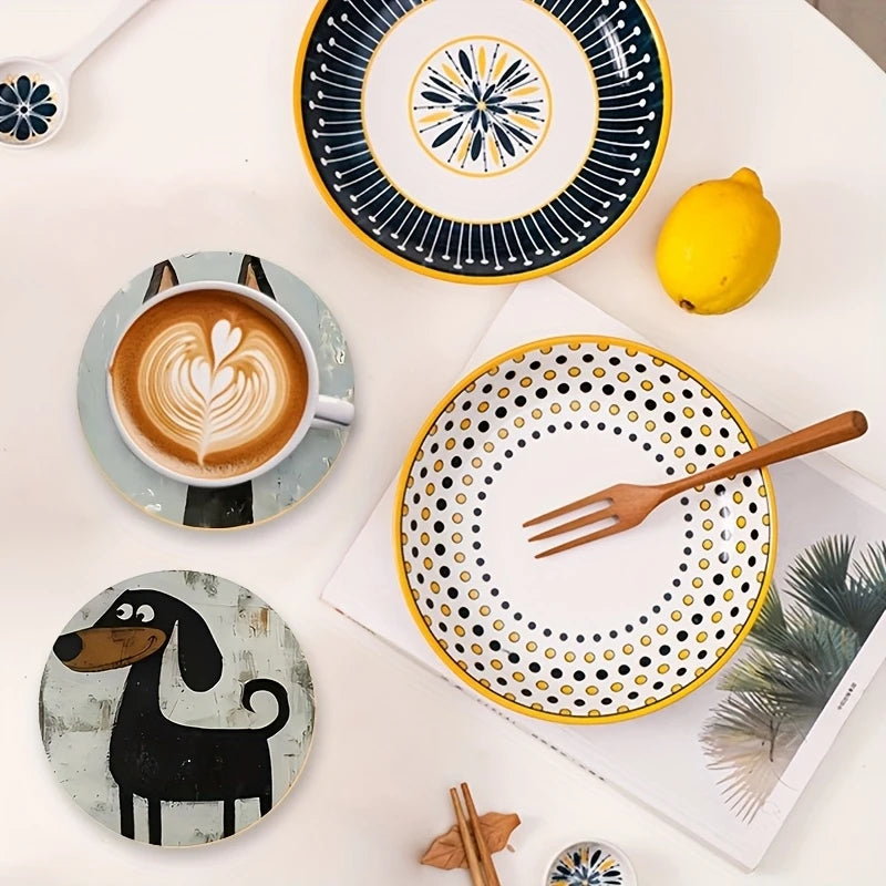 2D Flat, 6pcs Colorful Wooden Dog Coasters Set Suitable for Drinks, Tea, Coffee, Home,Perfect Gift Choice for Any Holiday Gifts