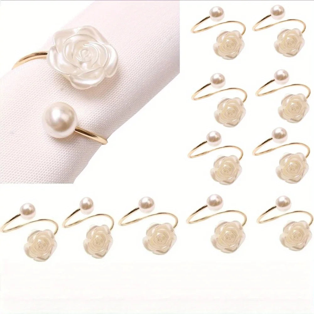 Rose Napkin Rings White Pearl Flower Napkin Holder Set Wedding Banquet Valentines Day Party Restaurant Kitchen Table Setting