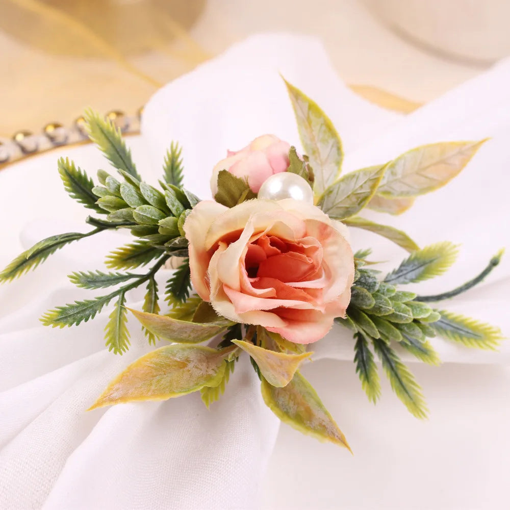 4PCS Simulation Eucalyptus Flowers Napkin Buckle, Pink Rose Napkin Rings, Festival Wedding Party Holiday Table Decoration