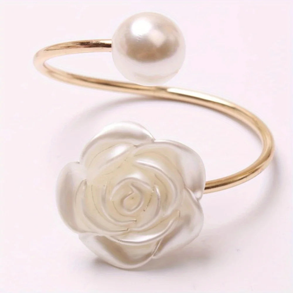 Rose Napkin Rings White Pearl Flower Napkin Holder Set Wedding Banquet Valentines Day Party Restaurant Kitchen Table Setting