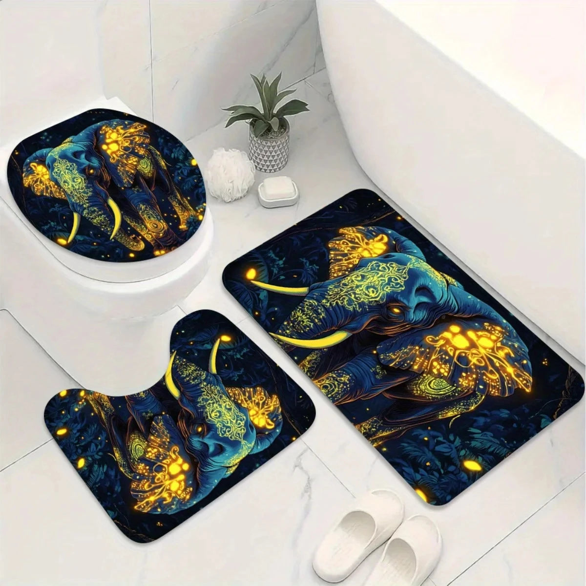 4pcs Stylish Elephant Design Shower Curtain and Non-Slip Bath Mat Set - Vibrant Blue & Golden Abstract Art, Perfect for Mod
