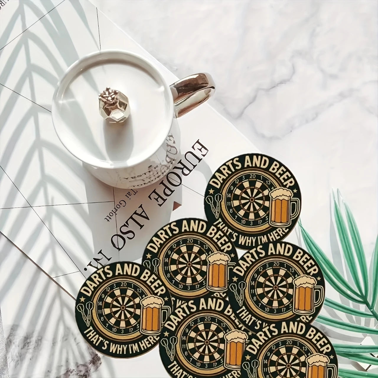 2D Retro Charm Dart Beer Themed Wooden Coasters Heat Resistant Non Slip High Quality Beverage Pads for Bar Tabletop Decoration