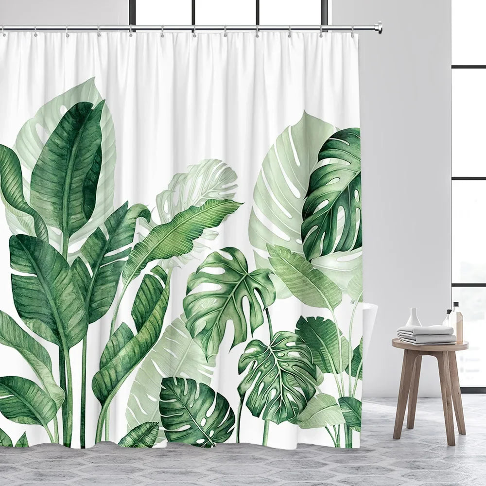 Tropical Plant Leaves Shower Curtain Hummingbird Palm Leaf Monstera Butterfly Watercolour Art Fabric Home Decor Bathroom Curta