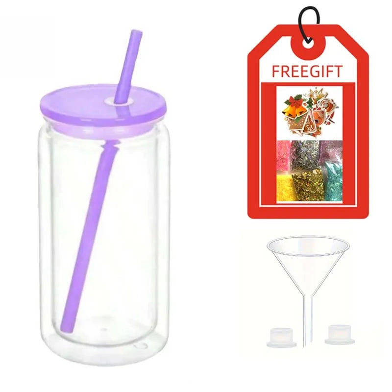 Double Wall Snowglobe Plastic Cups with Pre-Drilled Hole Christmas Straw Water Bottte Clear Tumbler Coffee Juice Drinkware Gifts
