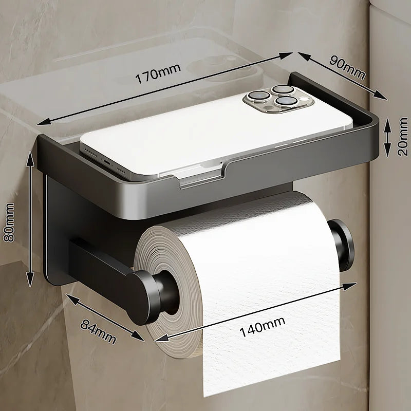 Aluminum Alloy Toilet Paper Holder Toilet Paper Holder Wall-Mounted Toilet Roll Shelf Phone Stand for Home Bathroom Accessories