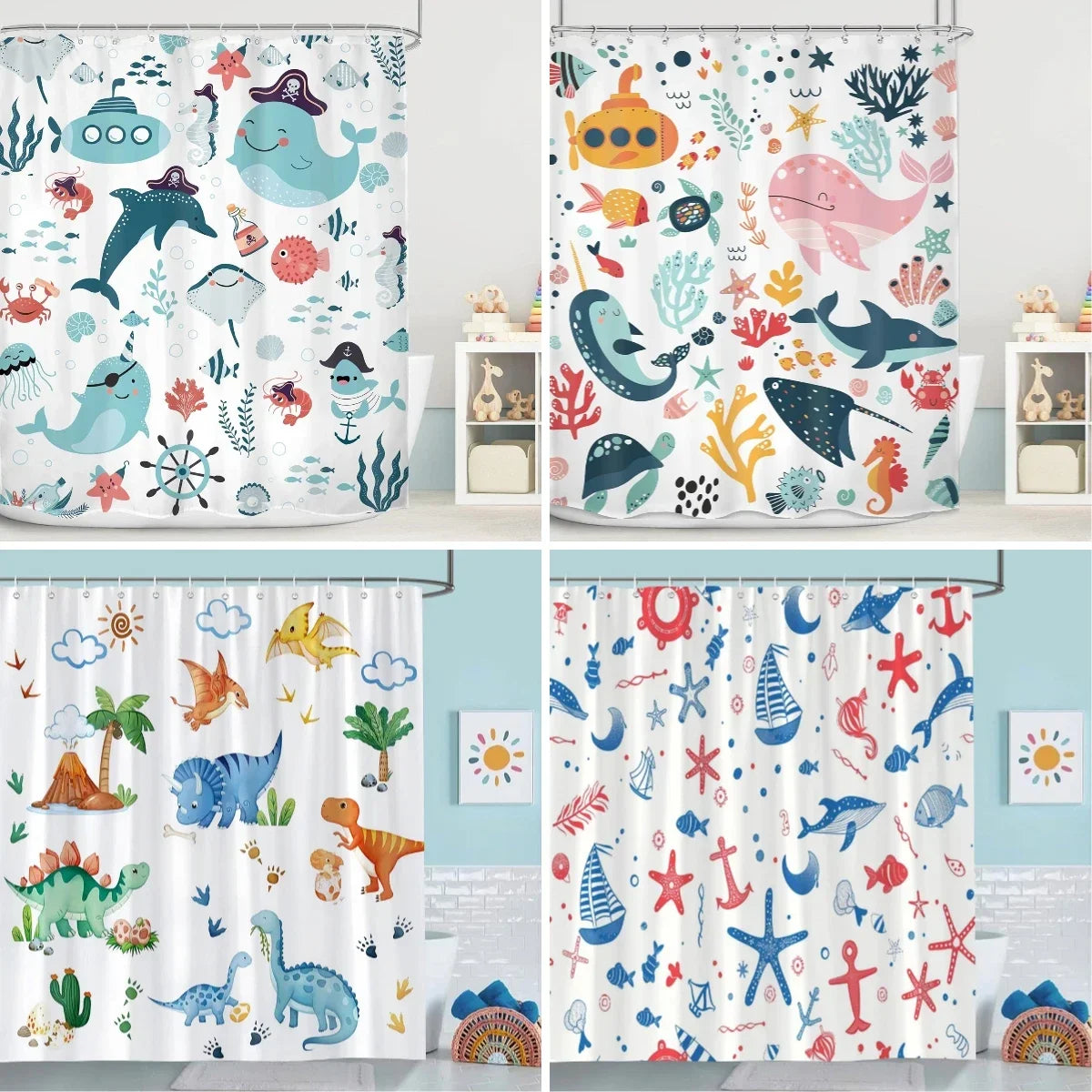 Ocean Cartoon Animal Shower Curtain Pirate Hat Dolphin Sailing Starfish Nautical Polyester Kids Shower Curtains Bathroom Decor
