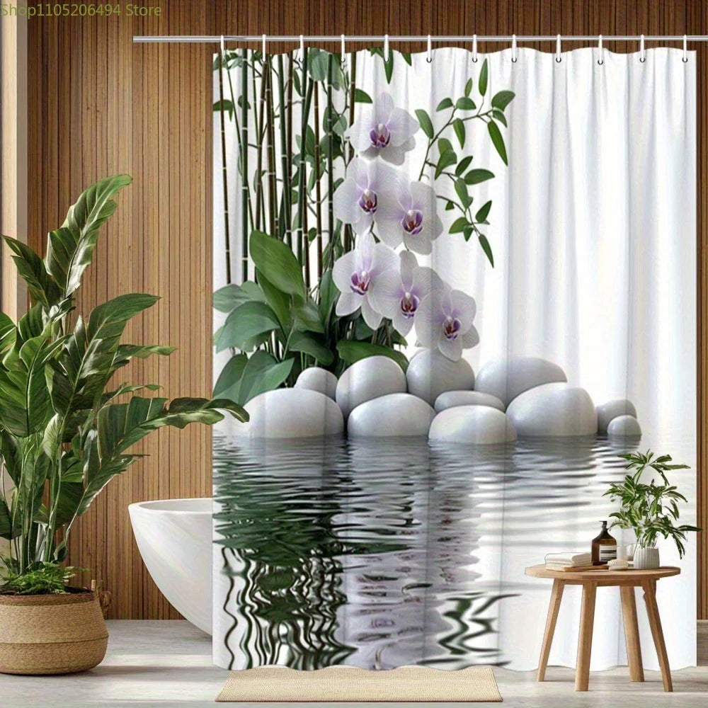 1pc White Pebble Shower Curtain with Orchid and Pattern, Digital Print Bath Curtain, No-Hole Bathroom Partition, All-Season Us