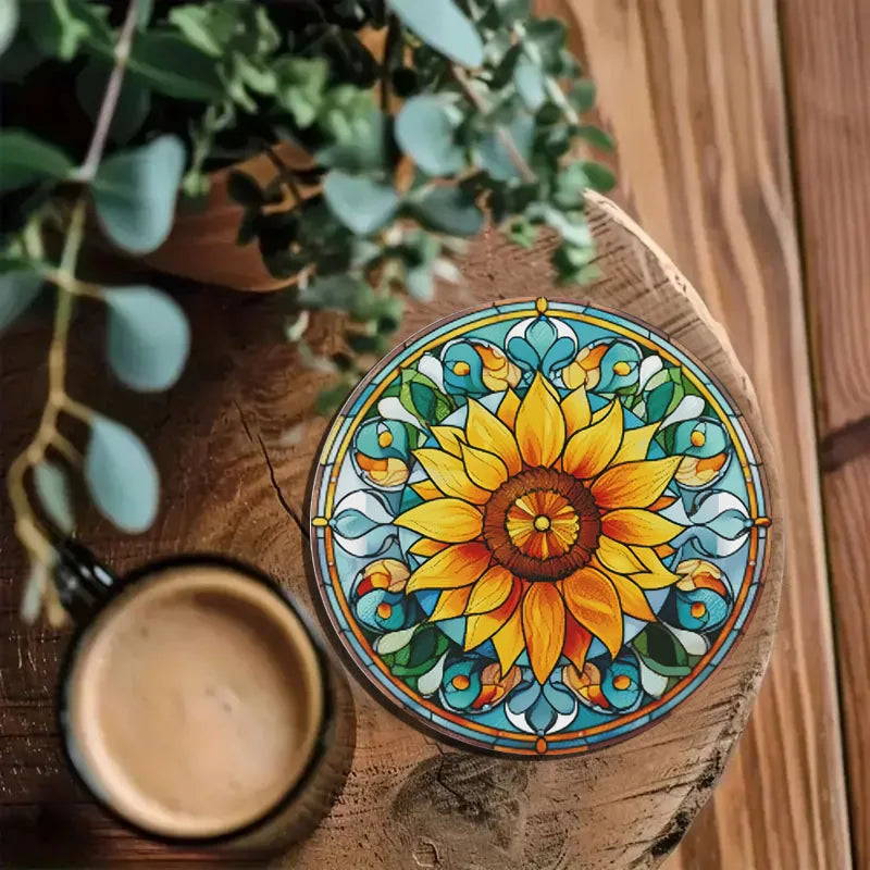4 sunflower printed coasters, suitable for daily family party decoration, kitchen, non-slip wooden coasters, holiday gifts