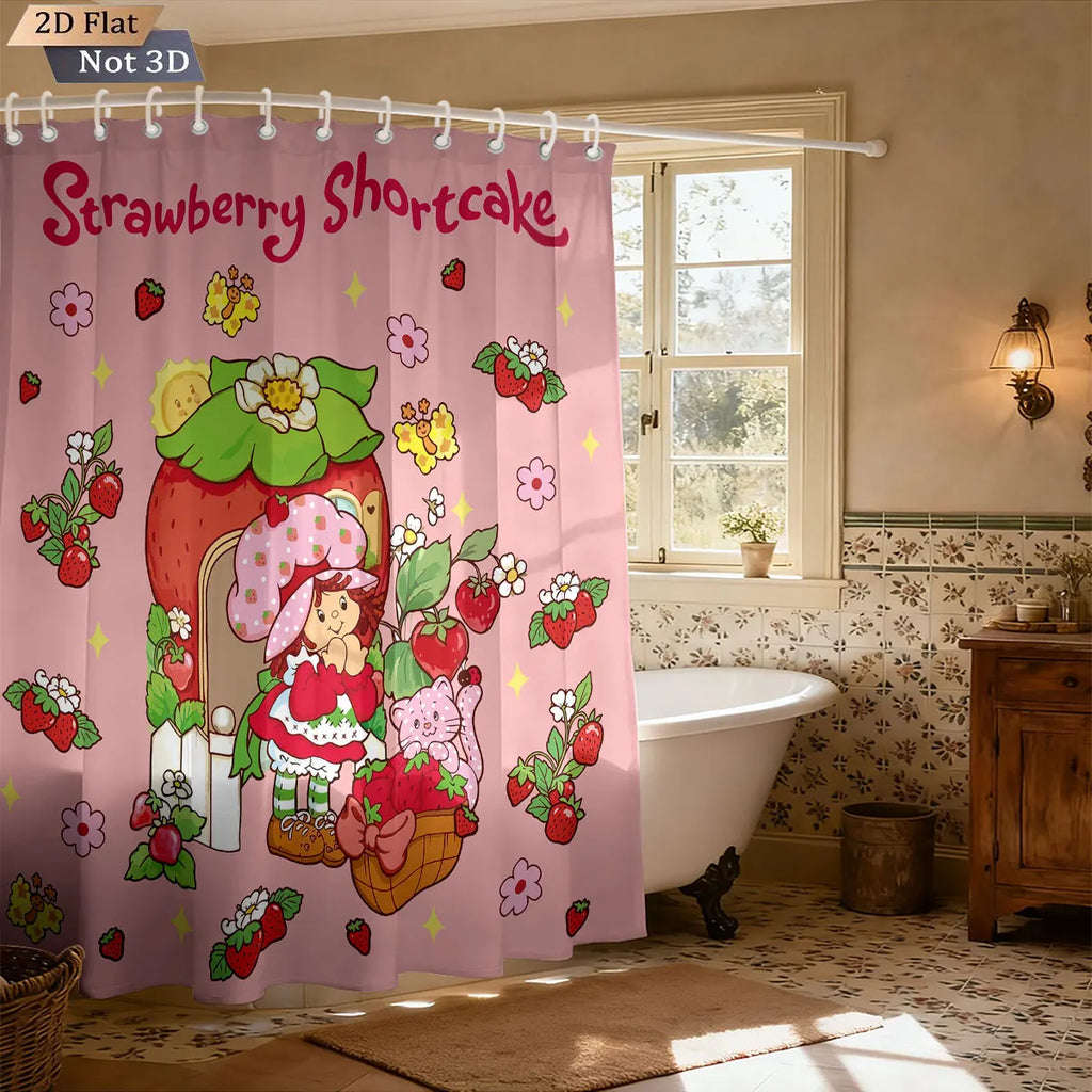 1pc Pink Cake Girl Printed Waterproof Shower Privacy Partition Shower Curtain With 12 Hooks Multiple Sizes Machine Washable