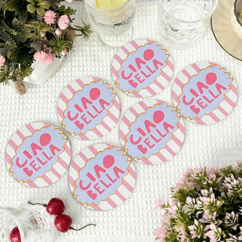 2D Ciao Bella Retro Italian Design Coaster Set - Pink & White with Blue Frame 6 round Table Protector Pads for Home Decor