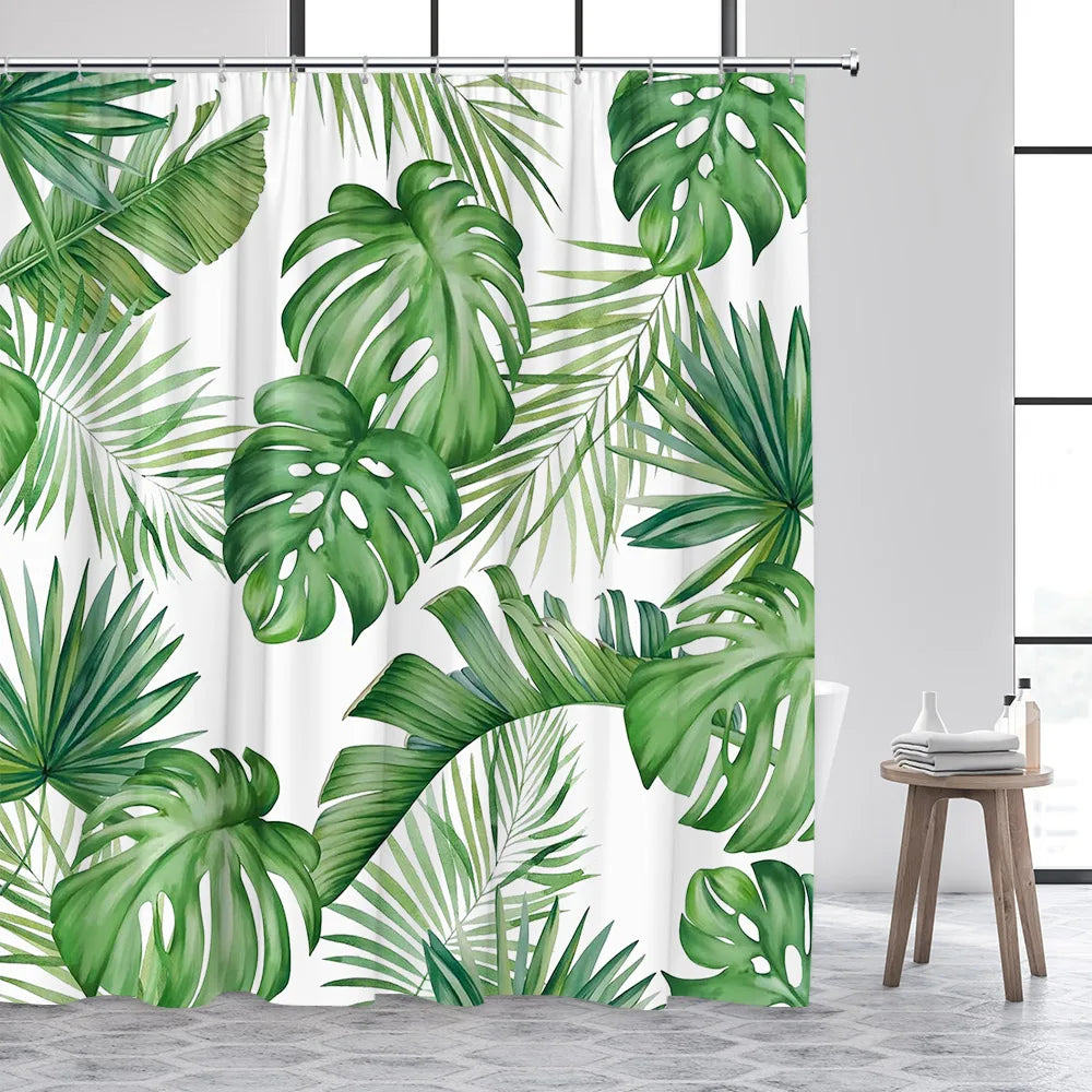 Tropical Plant Leaves Shower Curtain Hummingbird Palm Leaf Monstera Butterfly Watercolour Art Fabric Home Decor Bathroom Curta