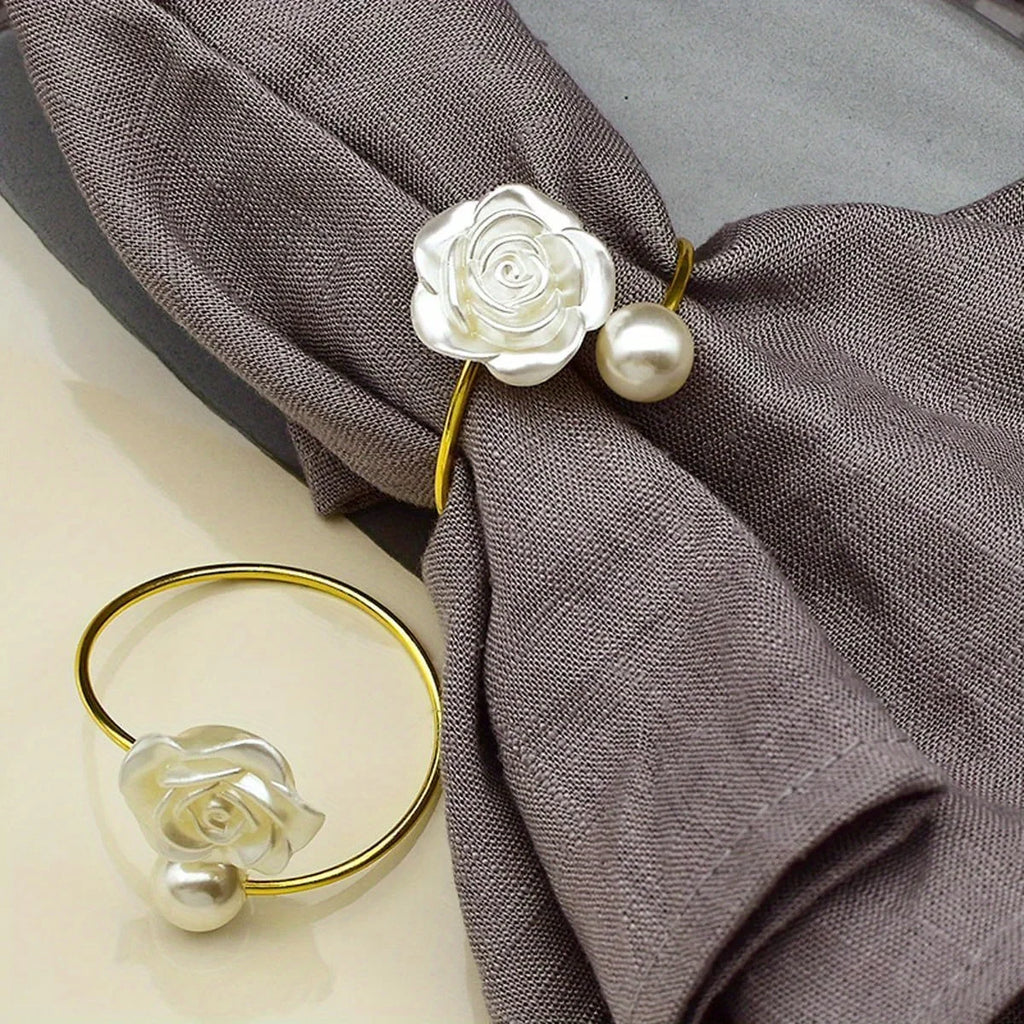 Rose Napkin Rings White Pearl Flower Napkin Holder Set Wedding Banquet Valentines Day Party Restaurant Kitchen Table Setting