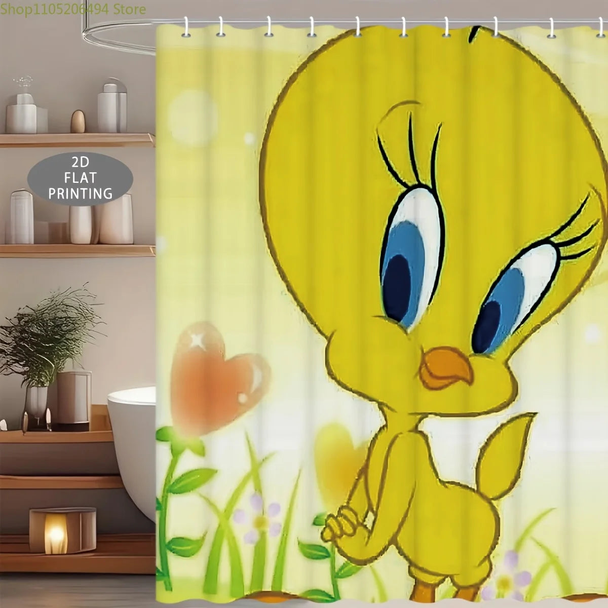 2D Flat, 1pc, 2D Flat, Cute Moments of Tweety Bird_, Patterned Shower Curtain, Can Be Used As Christmas, Halloween Decorative