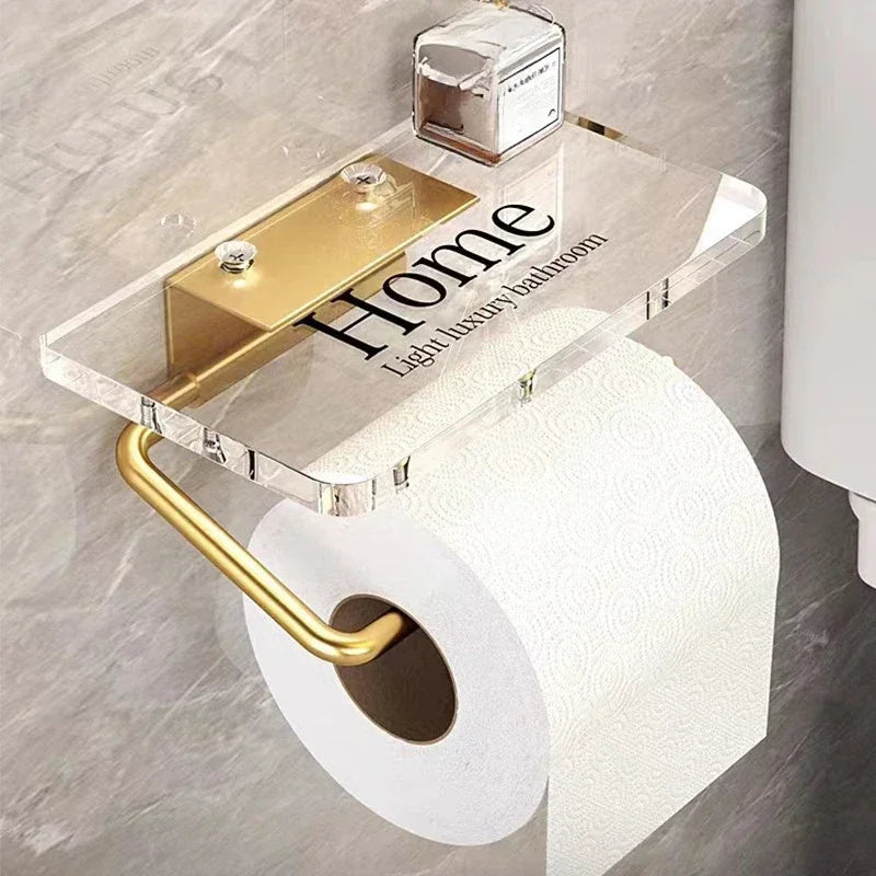 Luxury Gold Toilet Paper Holder with Shelf No Punching Acrylic Roll Paper Holder Tissue Hanger Bathroom Accessories  Bathroom