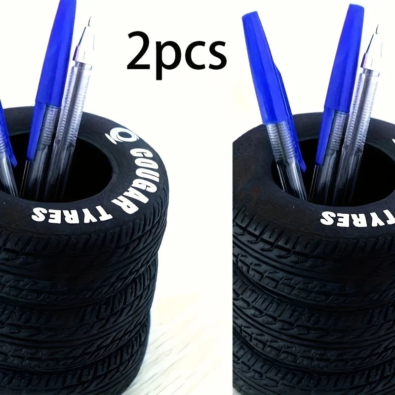 1Pcs Fun Tire Pen Holder - Durable Black with Lettered PVC Desk Storage for Schools and Offices