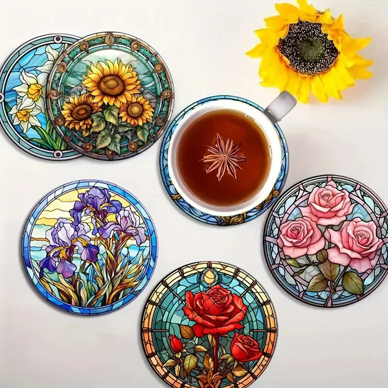 8pc/set beautiful colorful flowers tea table art wooden high temperature non-slip coaster round, suitable for adults, office, te