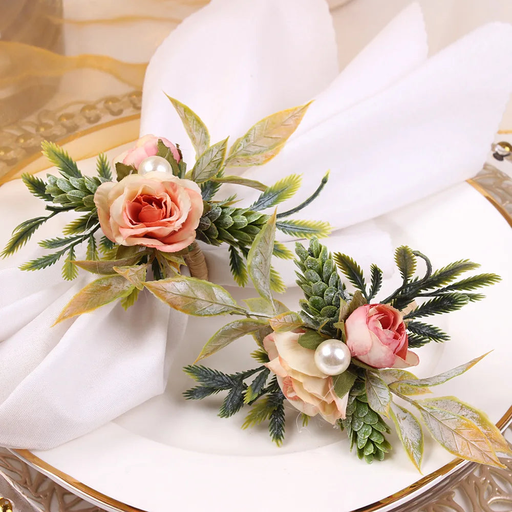 4PCS Simulation Eucalyptus Flowers Napkin Buckle, Pink Rose Napkin Rings, Festival Wedding Party Holiday Table Decoration
