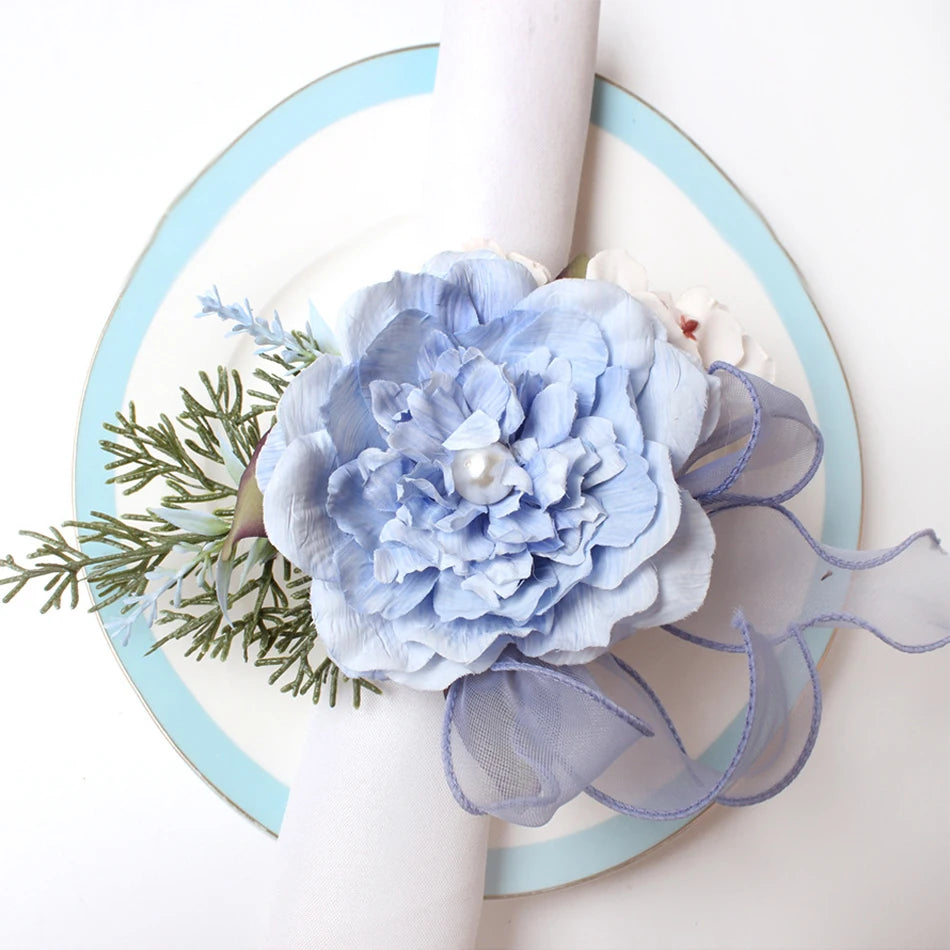 4PCS Simulation Eucalyptus Flowers Napkin Buckle, Pink Rose Napkin Rings, Festival Wedding Party Holiday Table Decoration